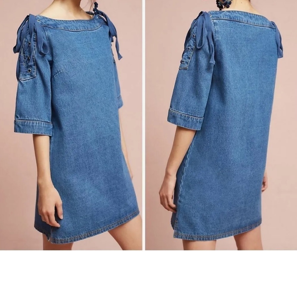 Anthropologie Maeve denim Shift Dress Size XS lace up sleeve w bleach at bottom - Picture 3 of 7
